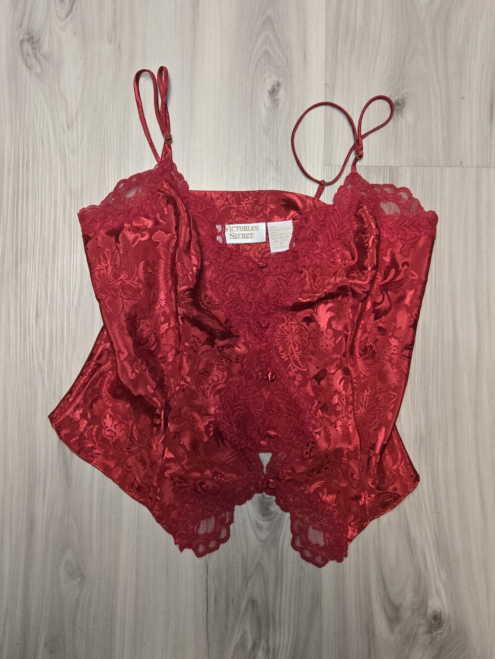 1990's Victoria’s Secret Cherry Red Floral Jacquard Lace Garter Cami Top